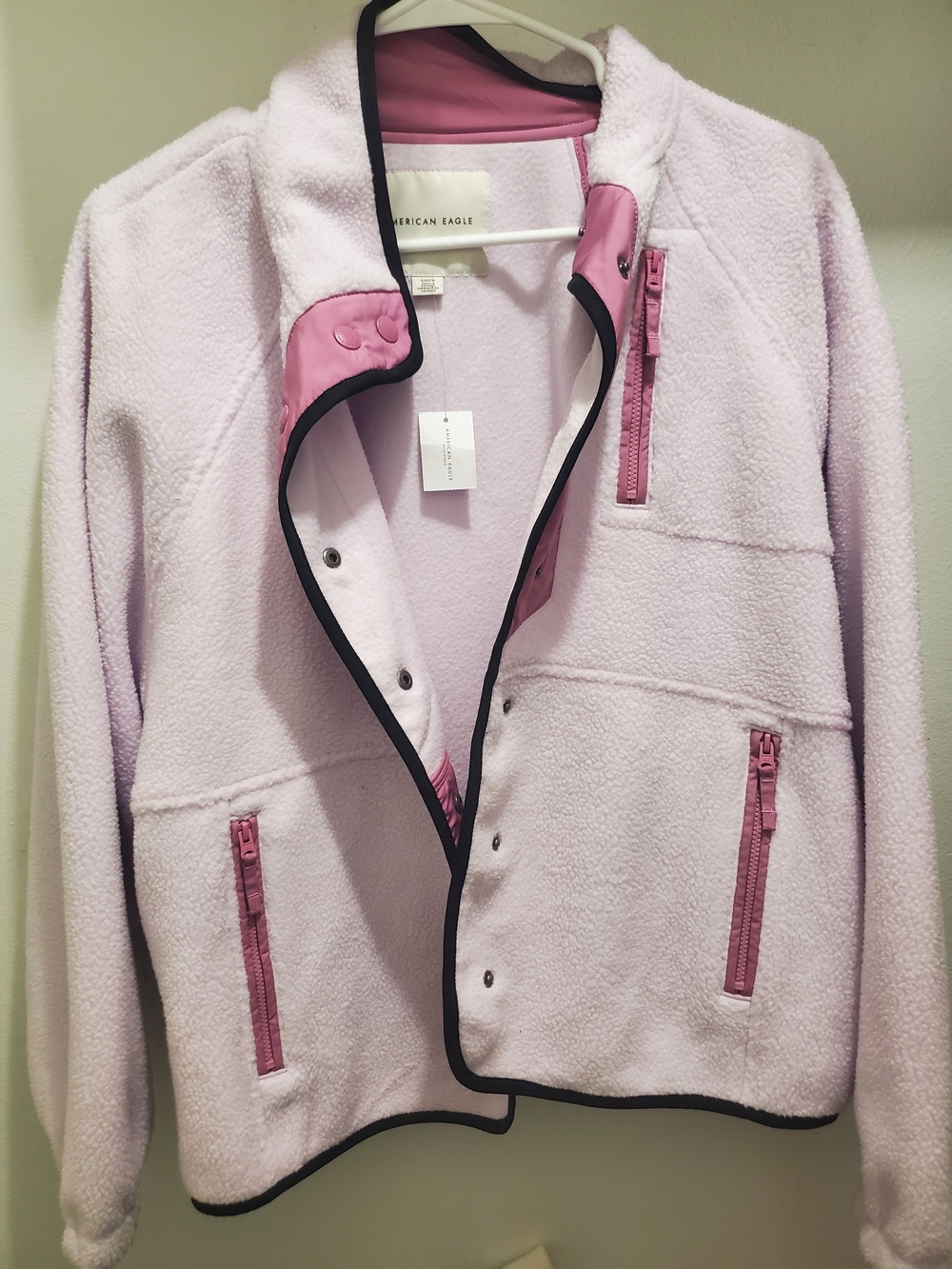 American Eagle Outfitters Light Pink Teddy Fleece Jacket with Dark Trim